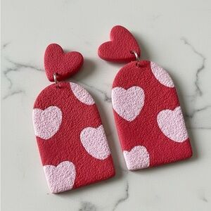 Heart Print Arched Dangle - Handmade Earrings- Red/Pink